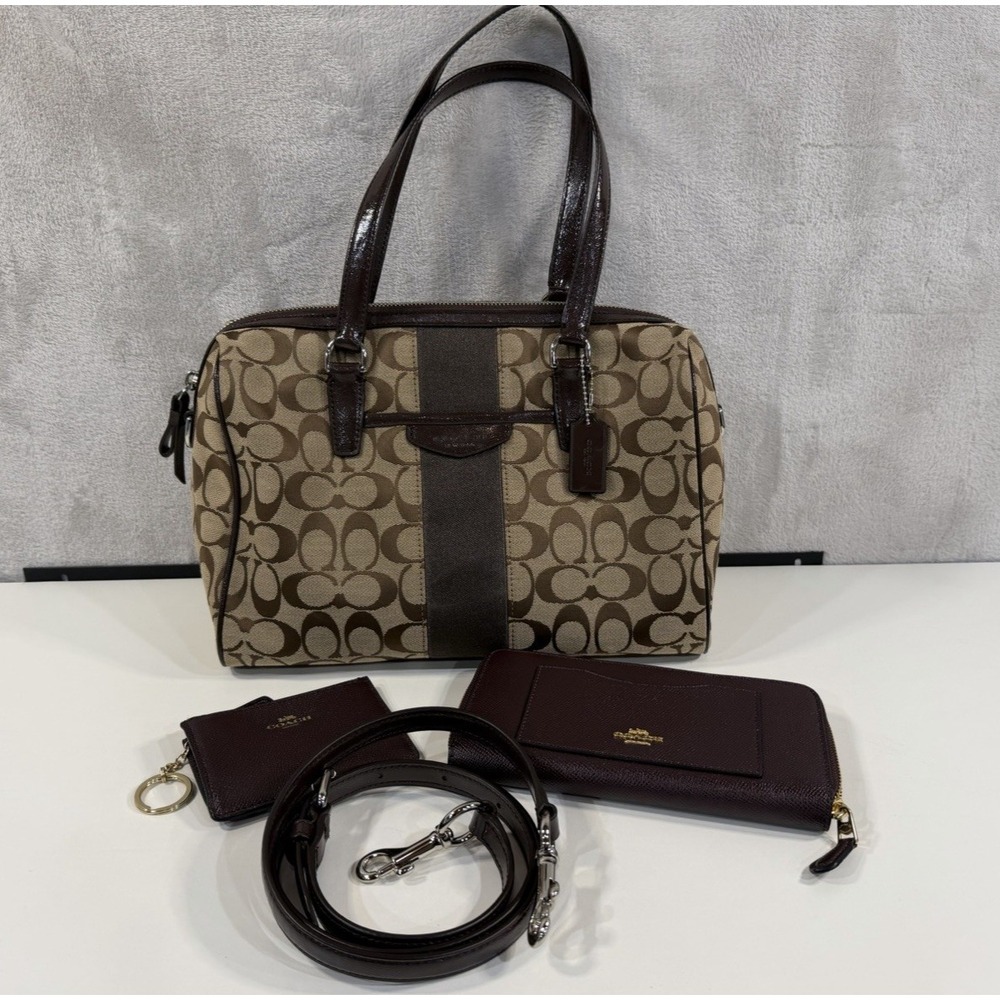 Coach F28505 Nancy Satchel Signature Brown Bag Wallet Key Pouch Strap NWOT